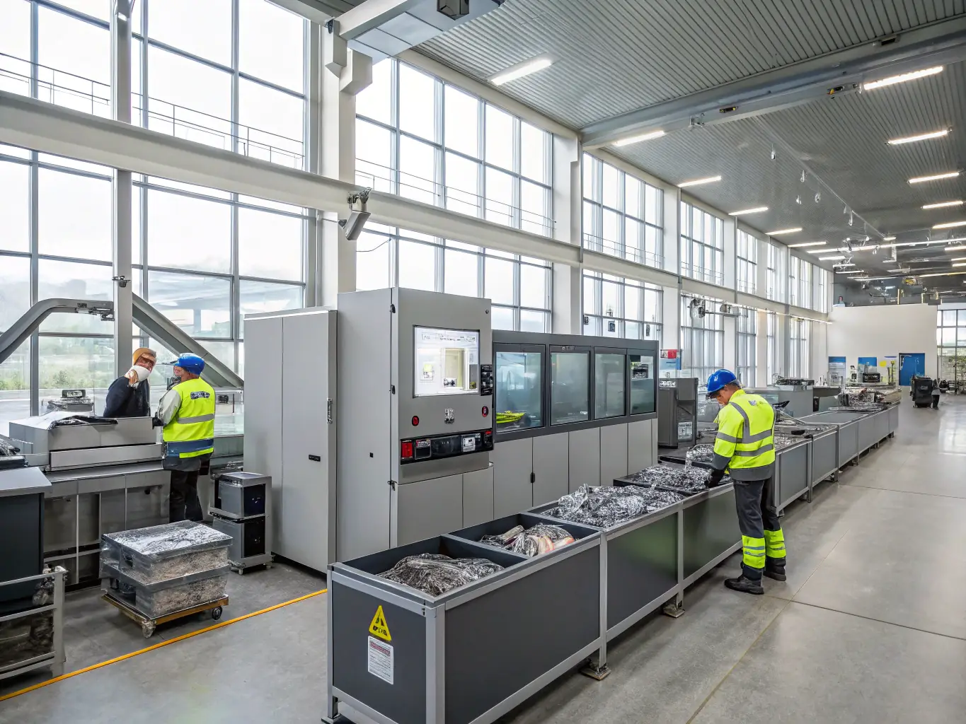 A photograph of a recycling facility using Ökopan machines, highlighting the clean and organized workspace, and emphasizing the environmental benefits of using the technology.
