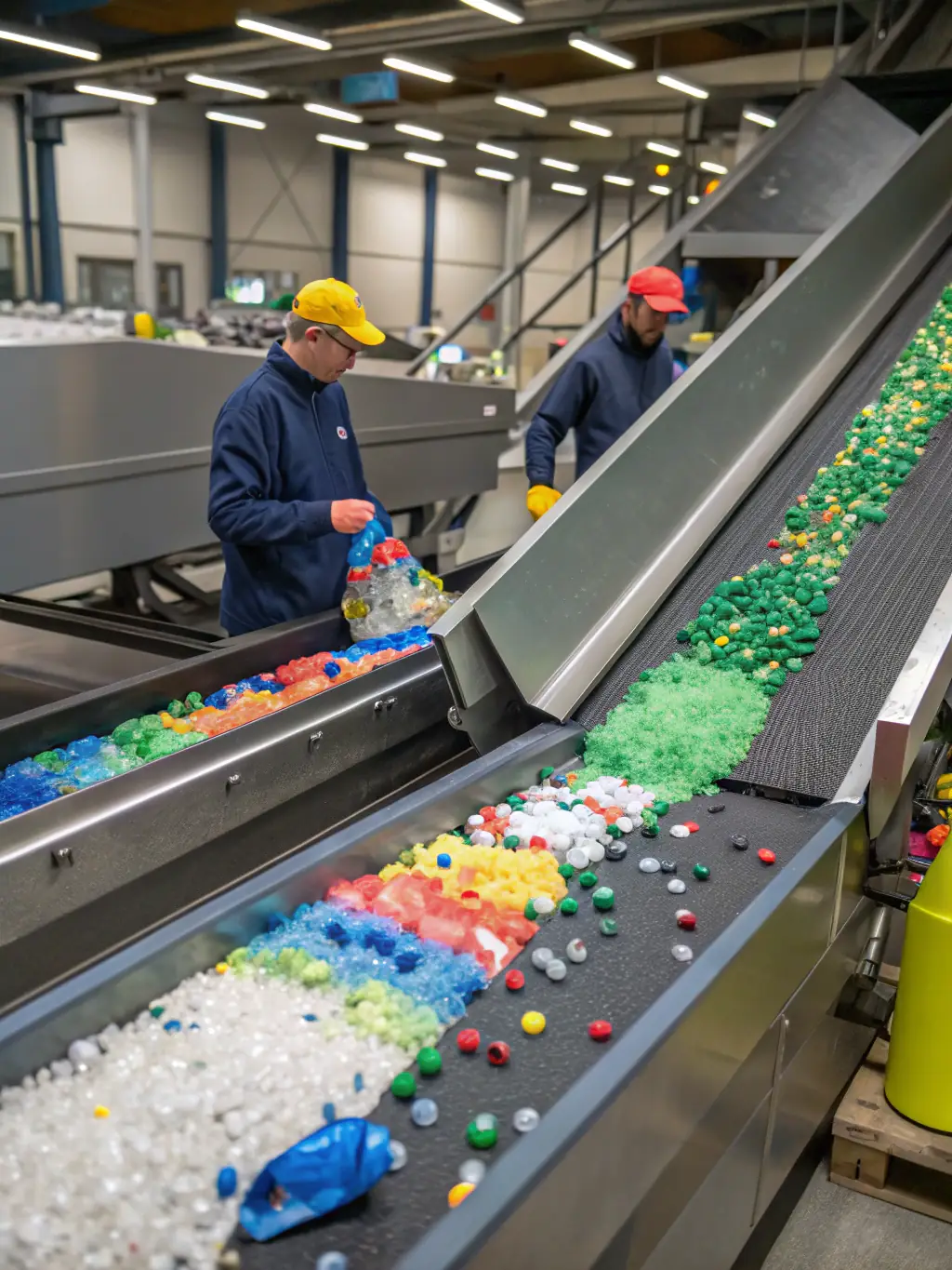 A high-resolution photo of an Ökopan sorting machine in operation at a recycling plant, with various materials being separated on a conveyor belt. The lighting should be bright and showcase the machine's efficiency.