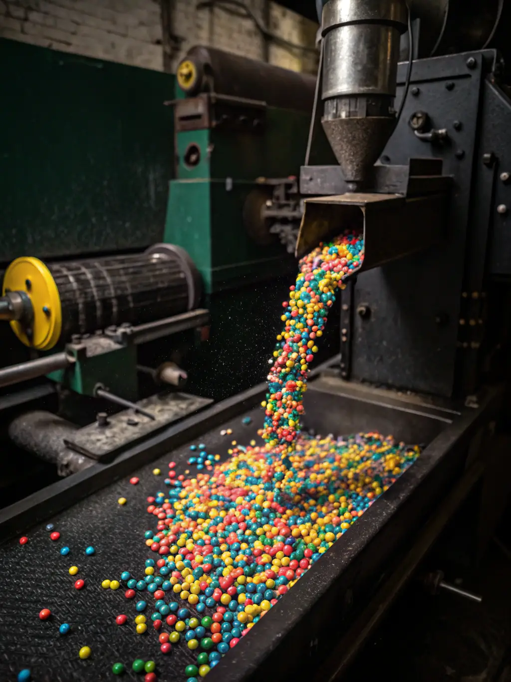 A close-up shot of an Ökopan flake processing module, showcasing its ability to refine and process plastic flakes. The image should emphasize the module's precision and efficiency.