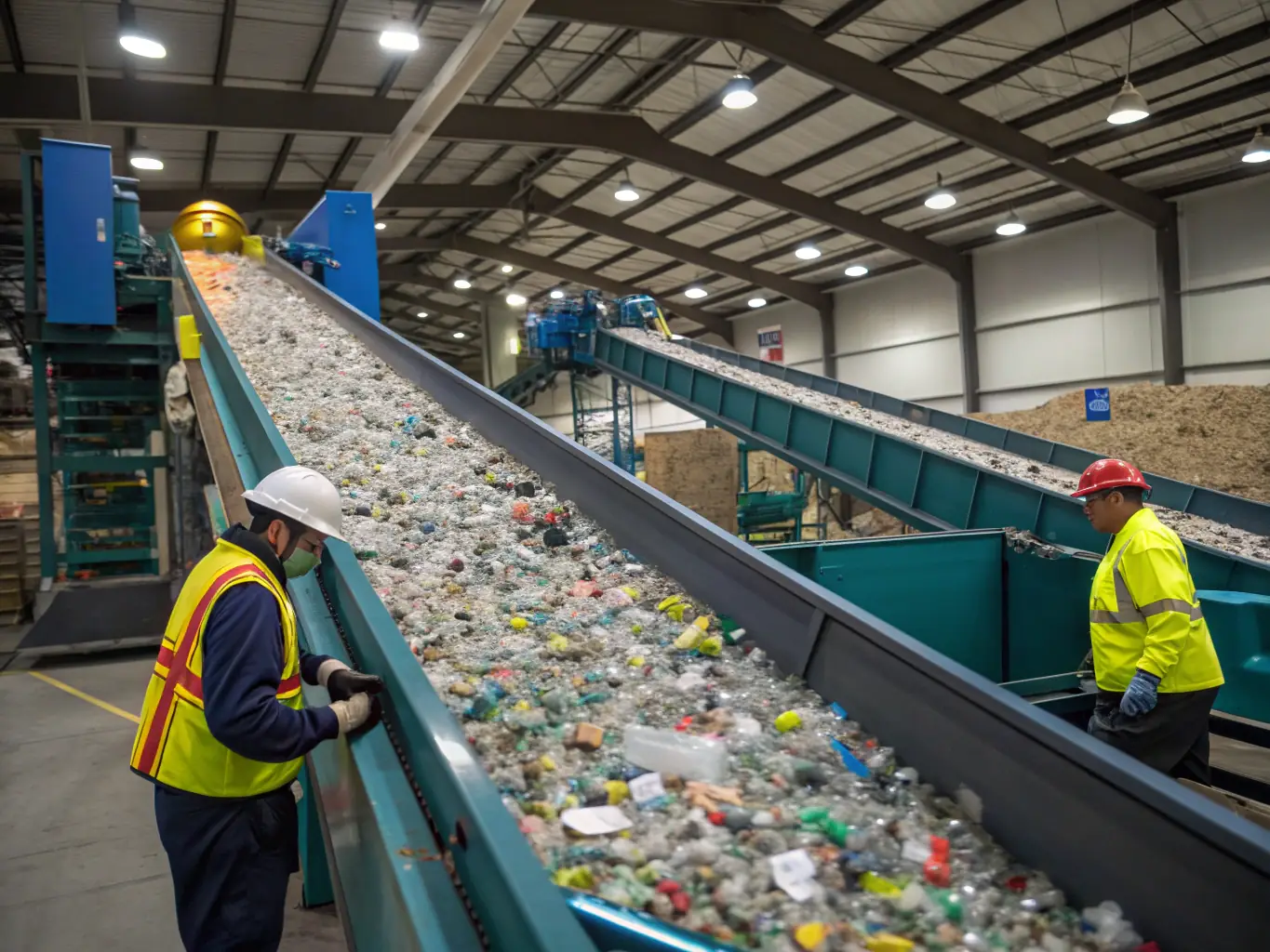 A high-angle, brightly lit photograph showcasing an Ökopan recycling machine processing a large volume of plastic waste, with a focus on the machine's efficient operation and the reduced size of the processed material.